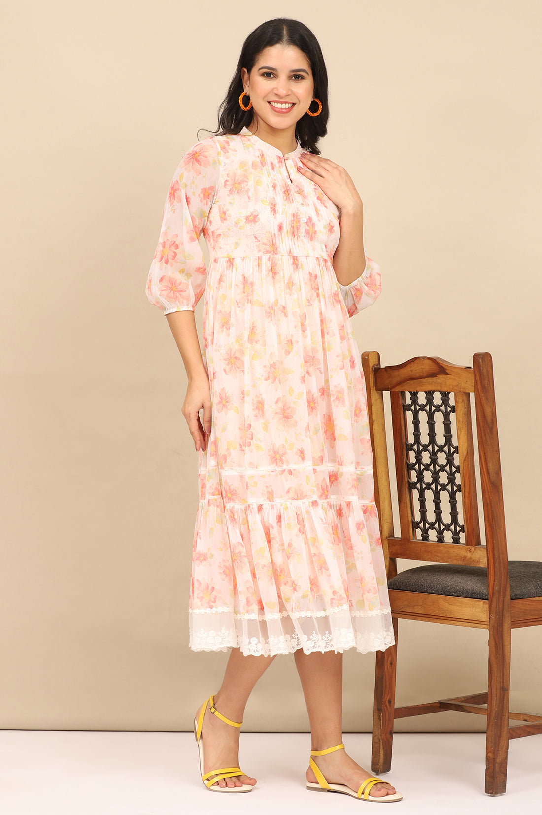 Orange Digital Floral Printed Tiered Chiffon Dress