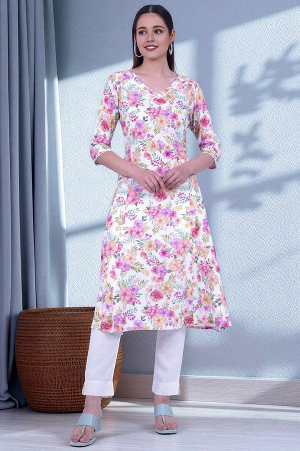 Multicolour Printed A-Line Rayon Kurta