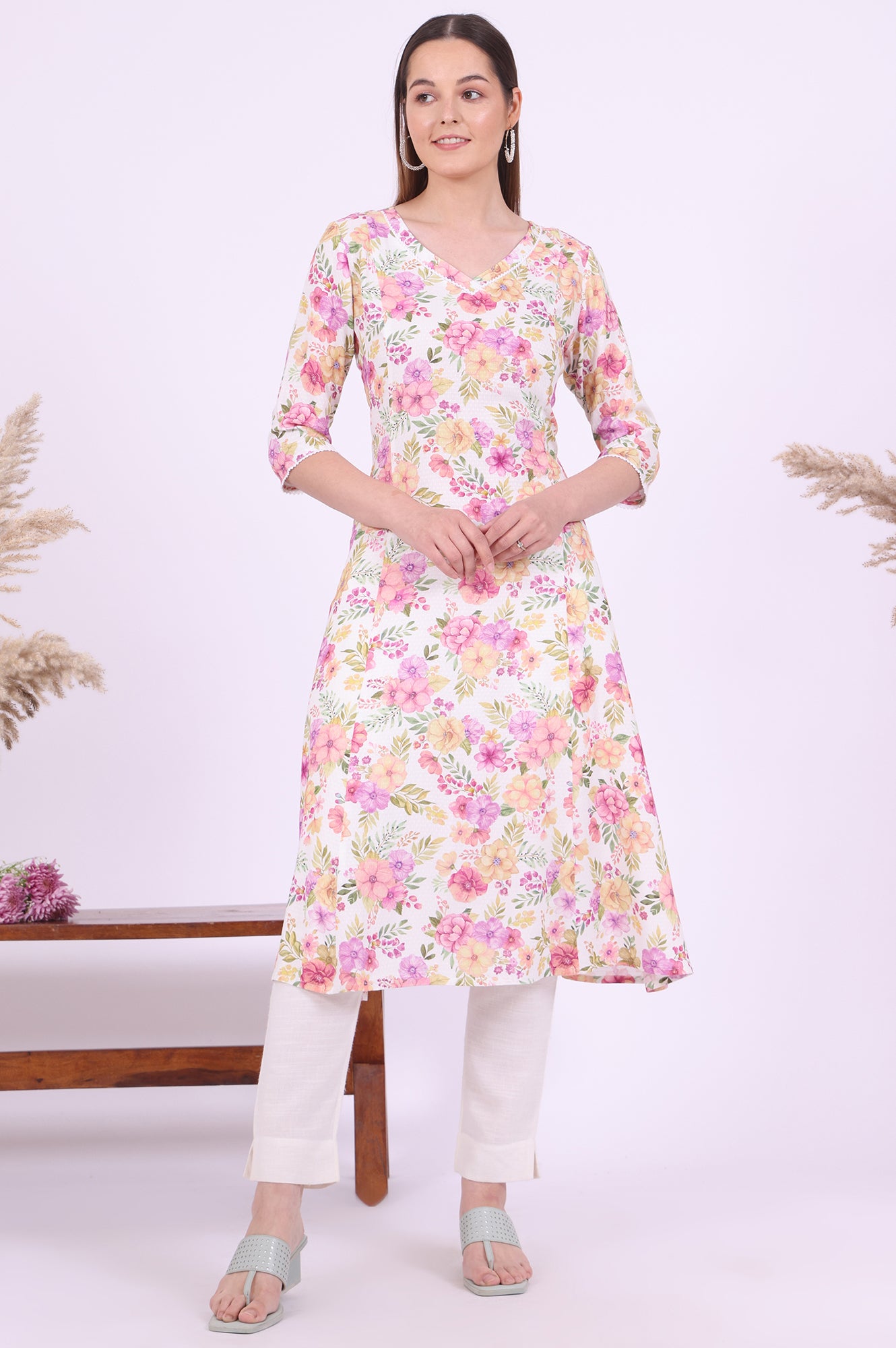 Multicolour Printed A-Line Rayon Kurta