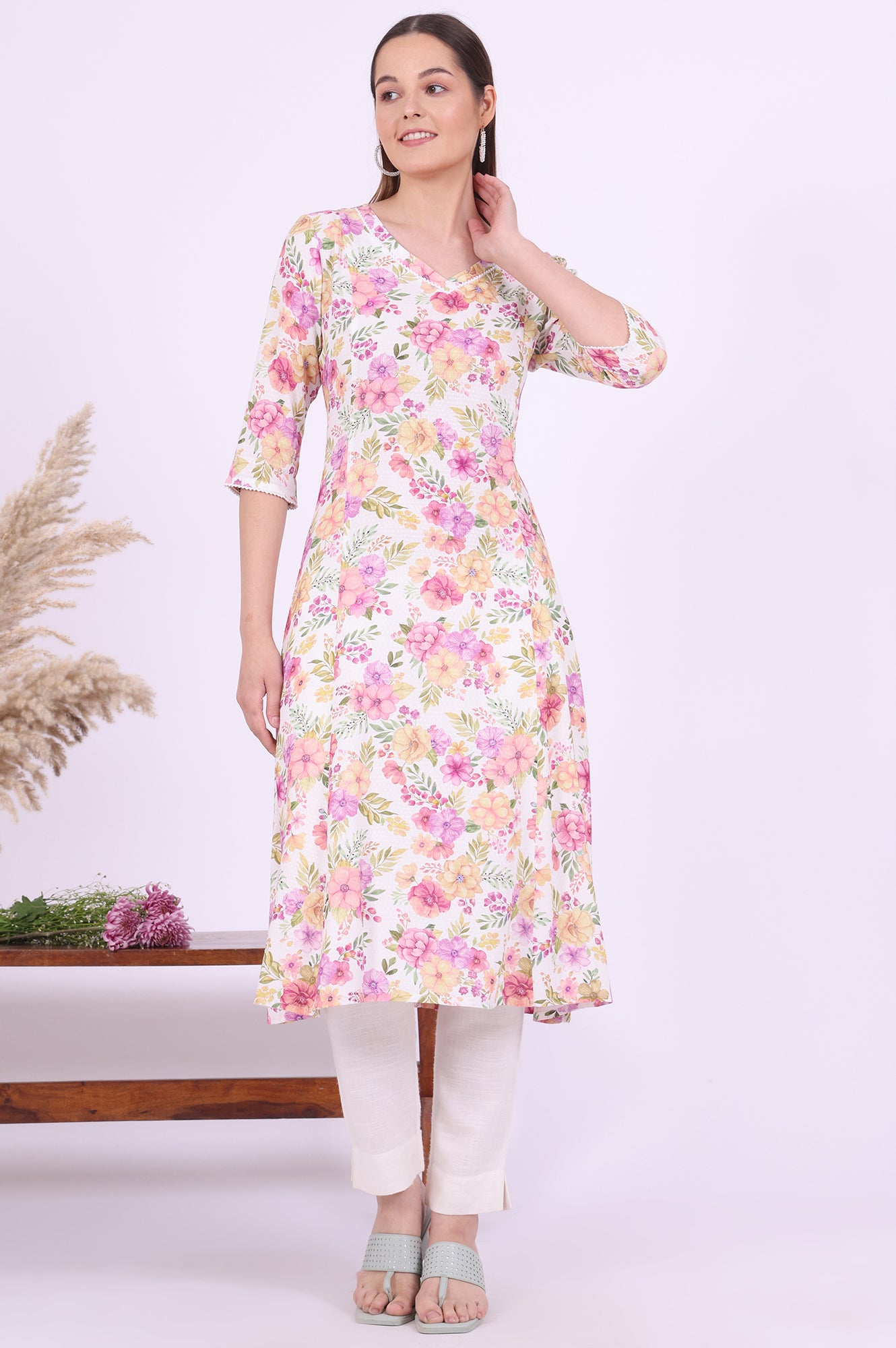 Multicolour Printed A-Line Rayon Kurta