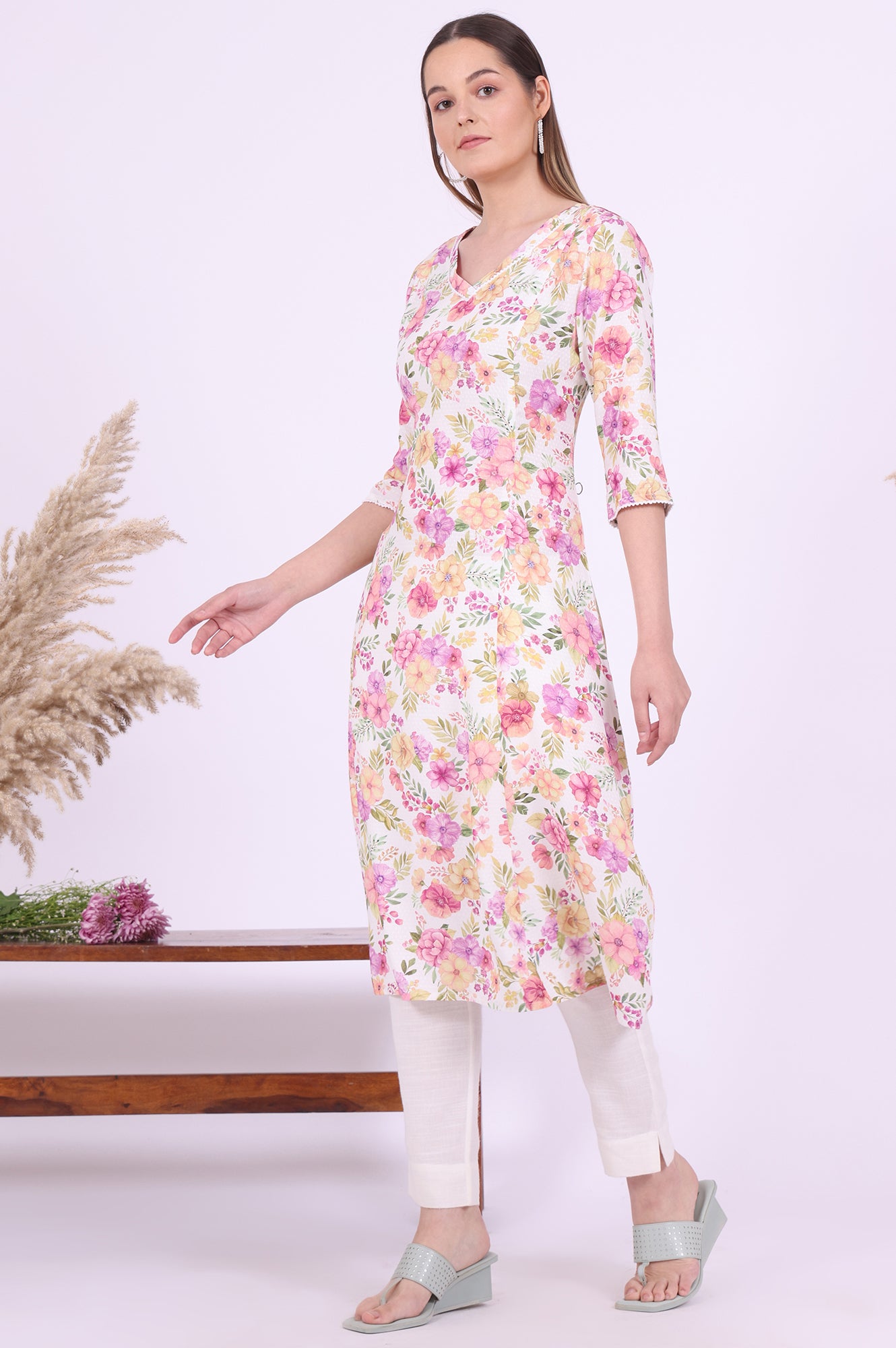 Multicolour Printed A-Line Rayon Kurta