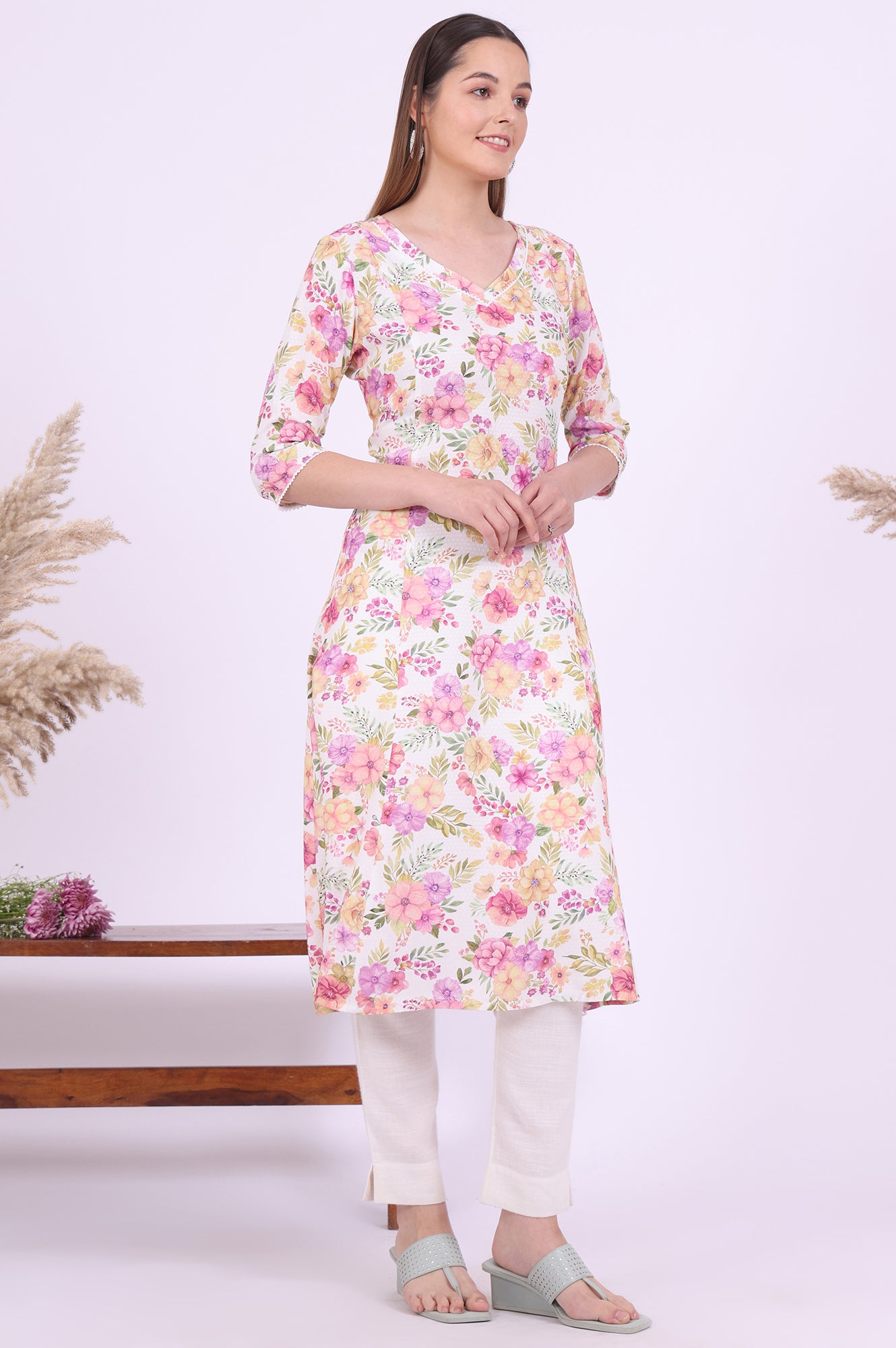 Multicolour Printed A-Line Rayon Kurta