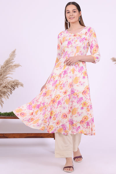 Multicolour Printed Flarred Rayon Kurta