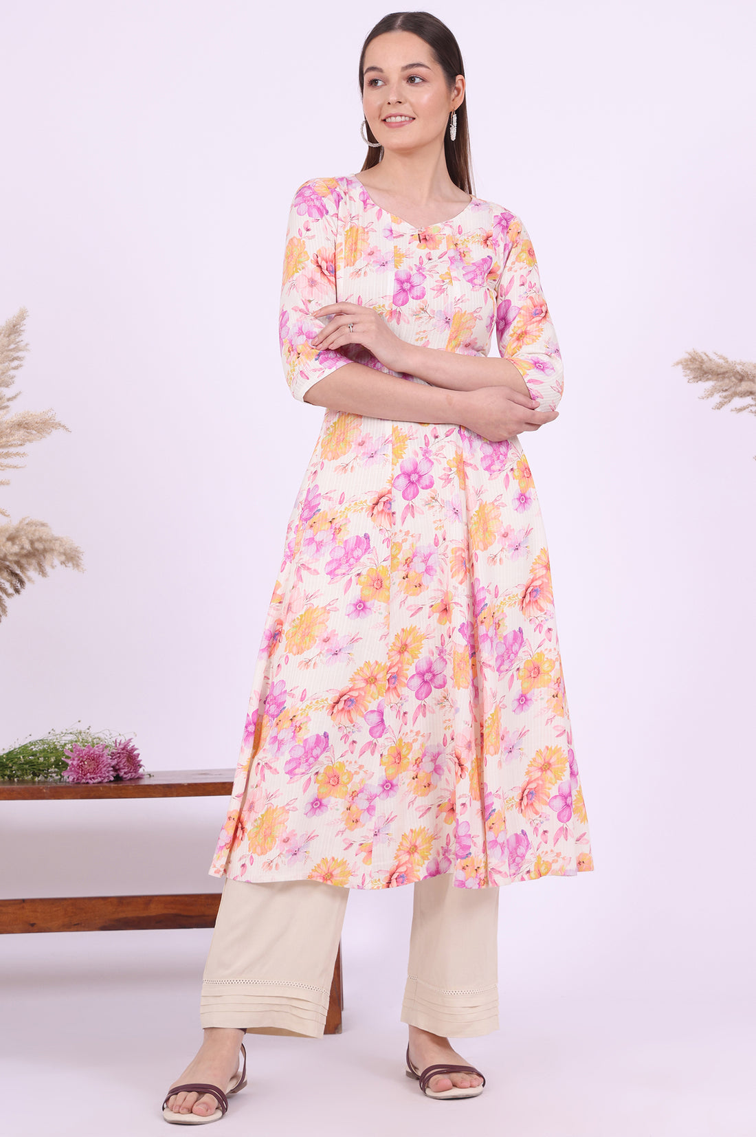 Multicolour Printed Flarred Rayon Kurta