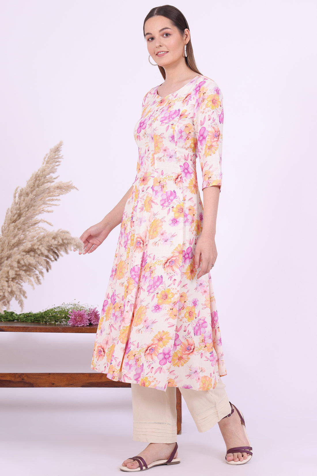 Multicolour Printed Flarred Rayon Kurta