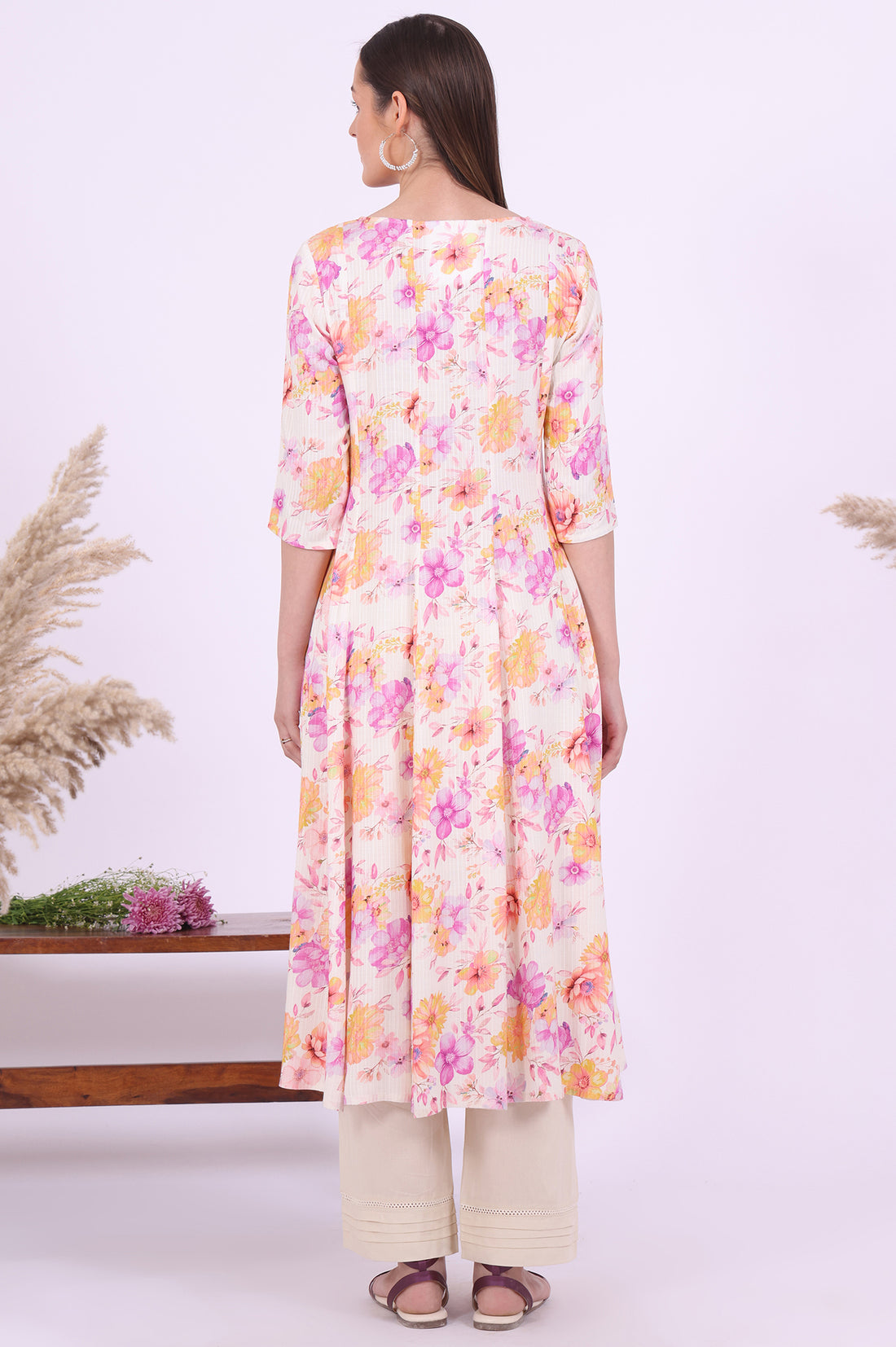 Multicolour Printed Flarred Rayon Kurta