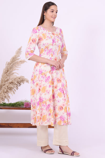 Multicolour Printed Flarred Rayon Kurta