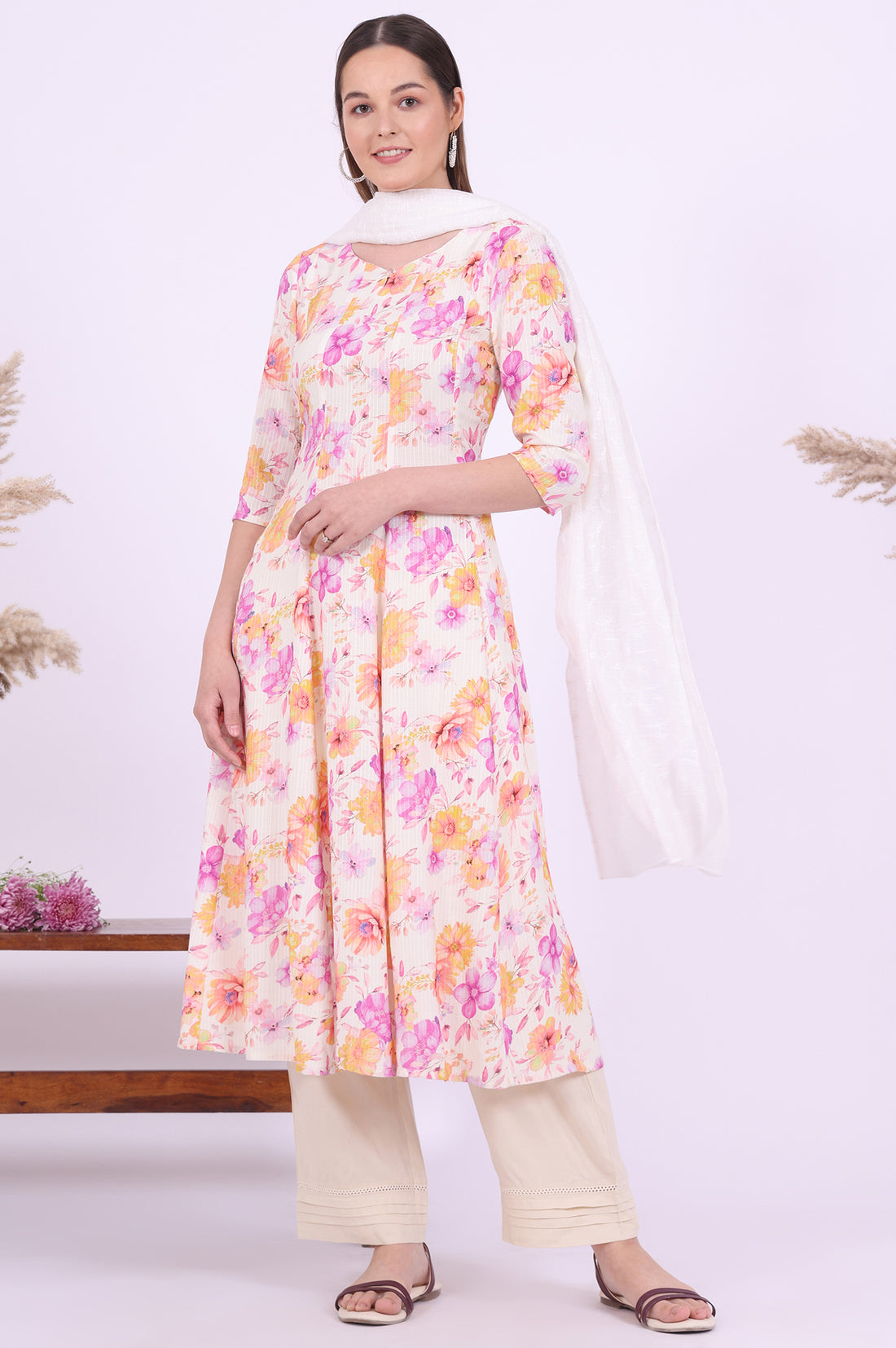 Multicolour Printed Flarred Rayon Kurta