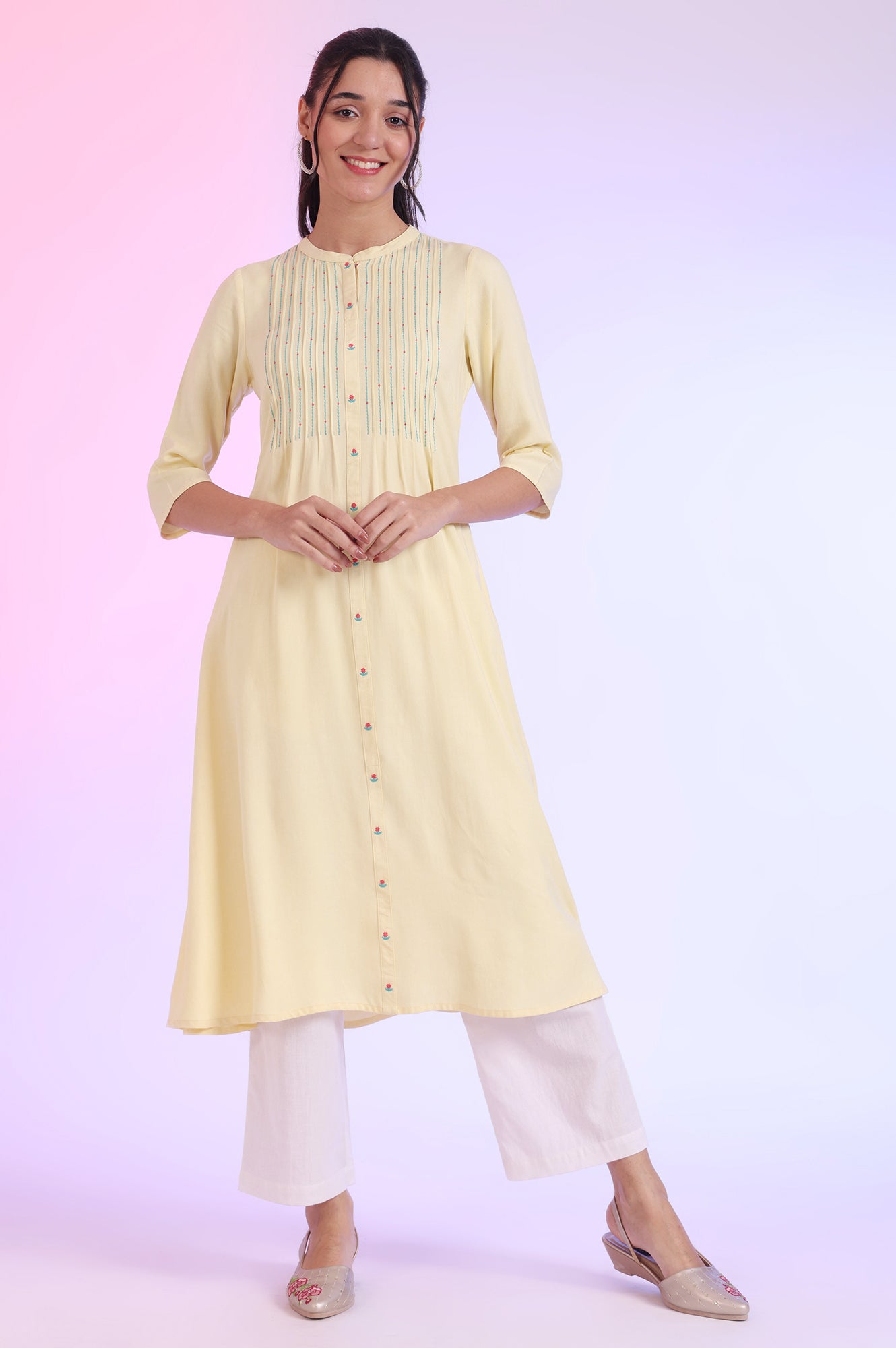 Yellow Solid A-Line Rayon Kurta