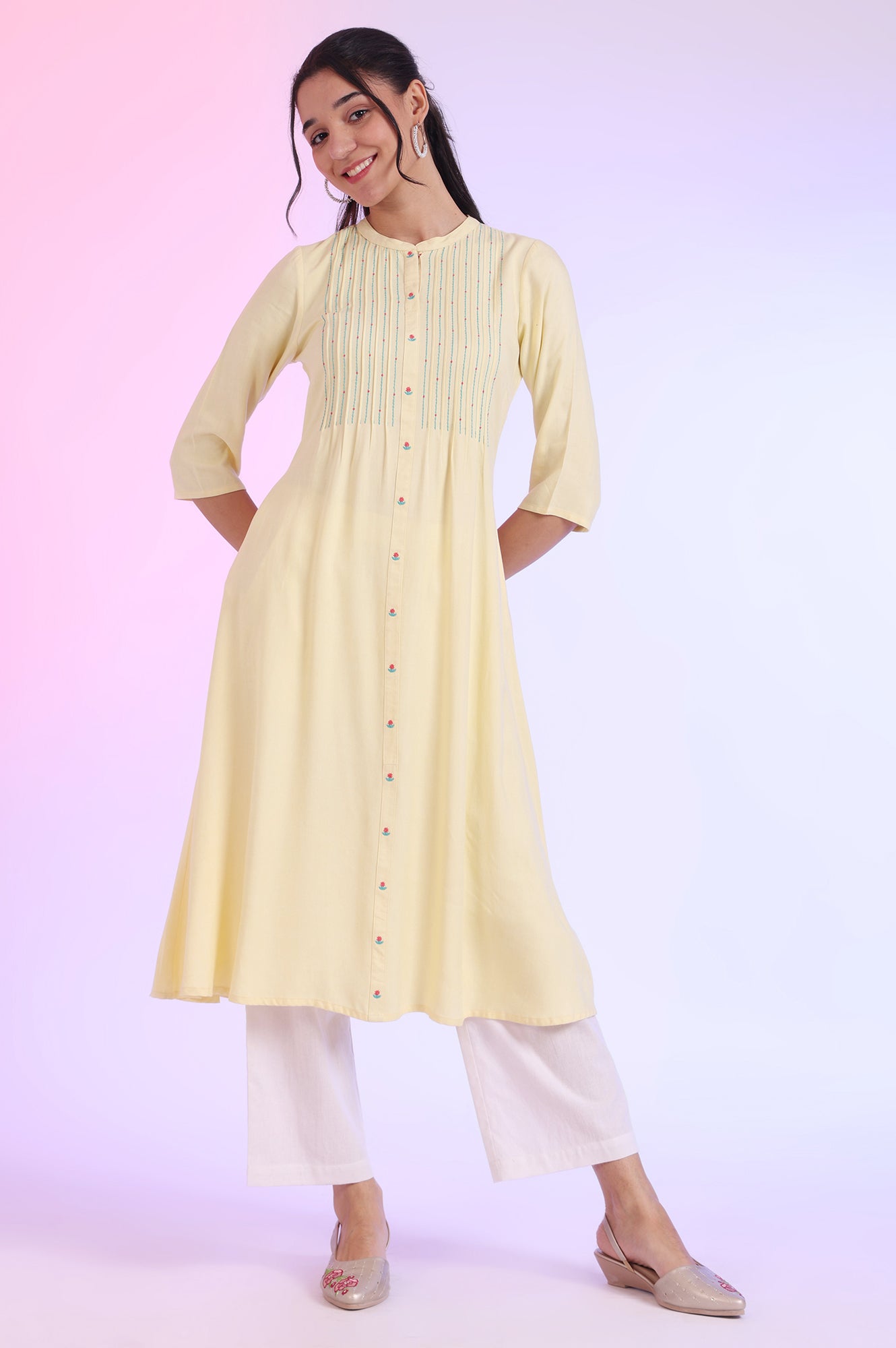 Yellow Solid A-Line Rayon Kurta