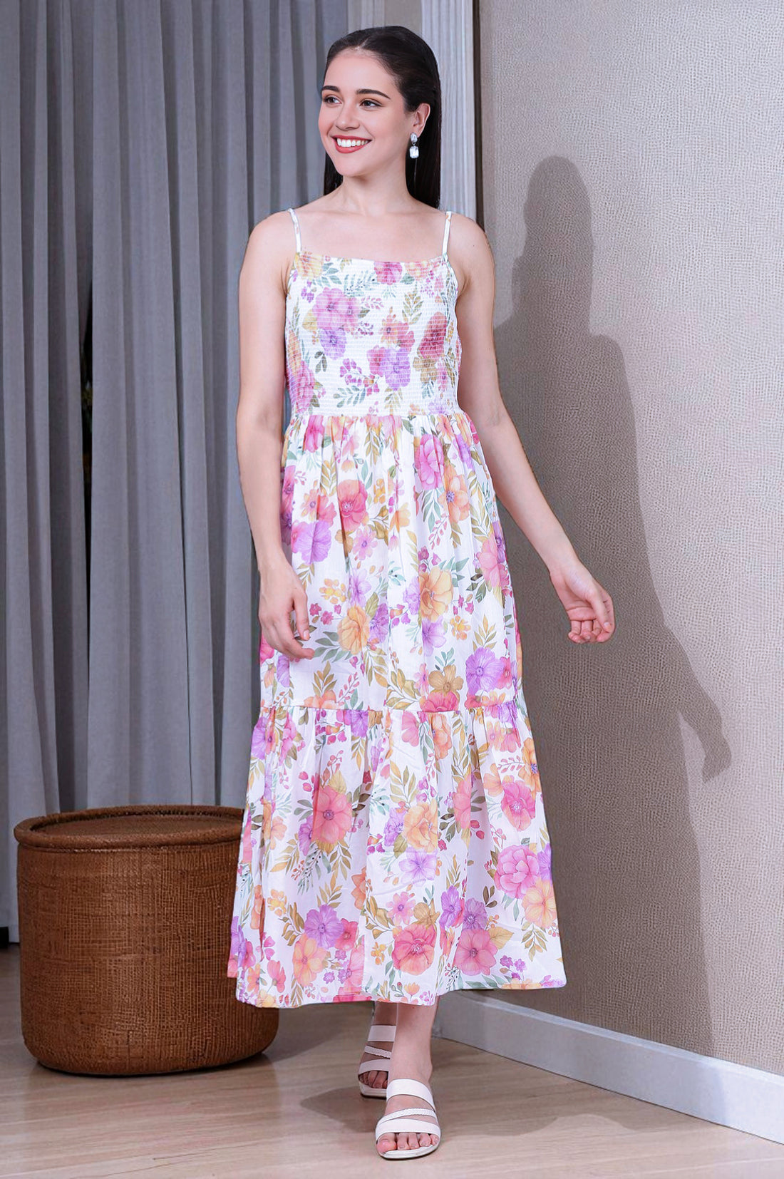 White Floral Printed Straight Cotton Mulmul Dress