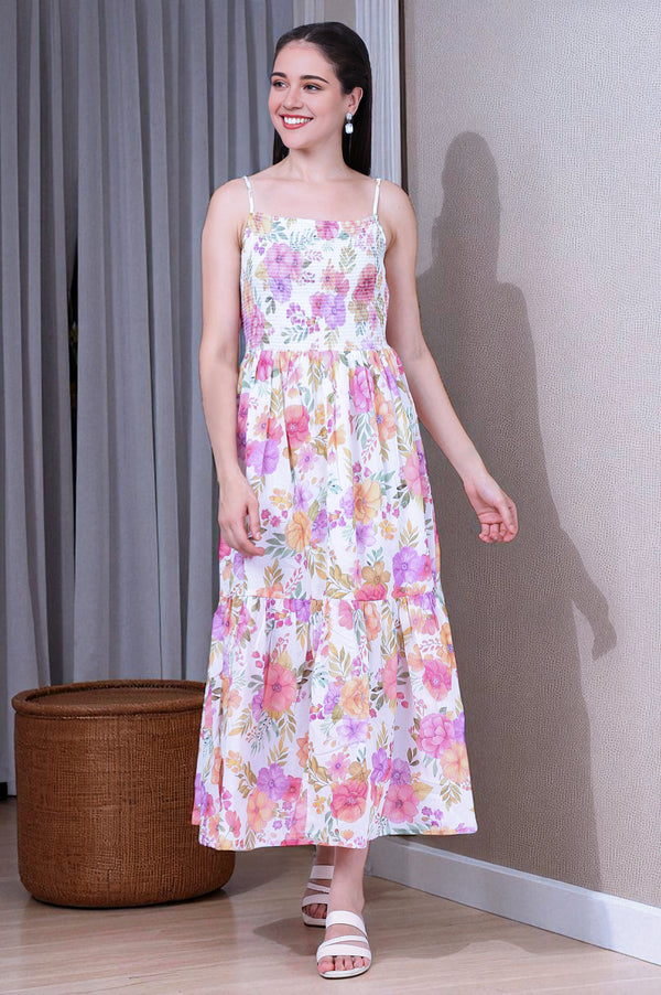 White Floral Printed Straight Cotton Mulmul Dress