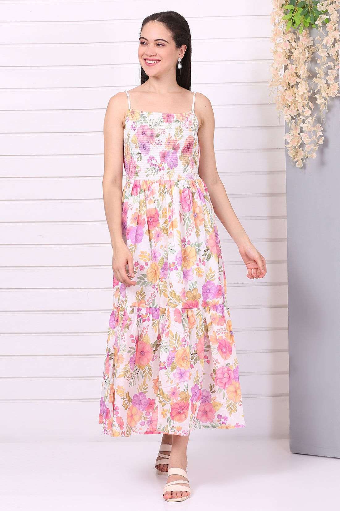 White Floral Printed Straight Cotton Mulmul Dress