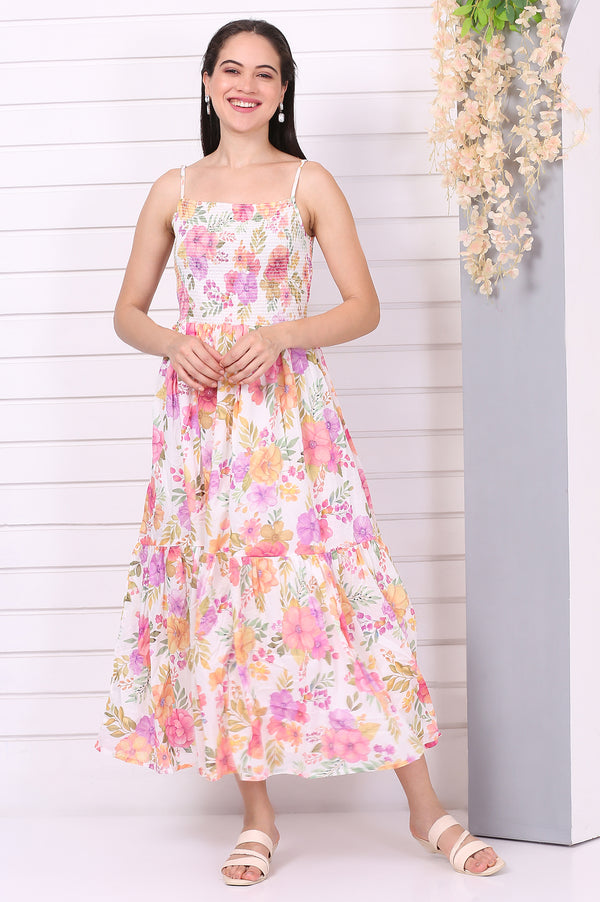 White Floral Printed Straight Cotton Mulmul Dress