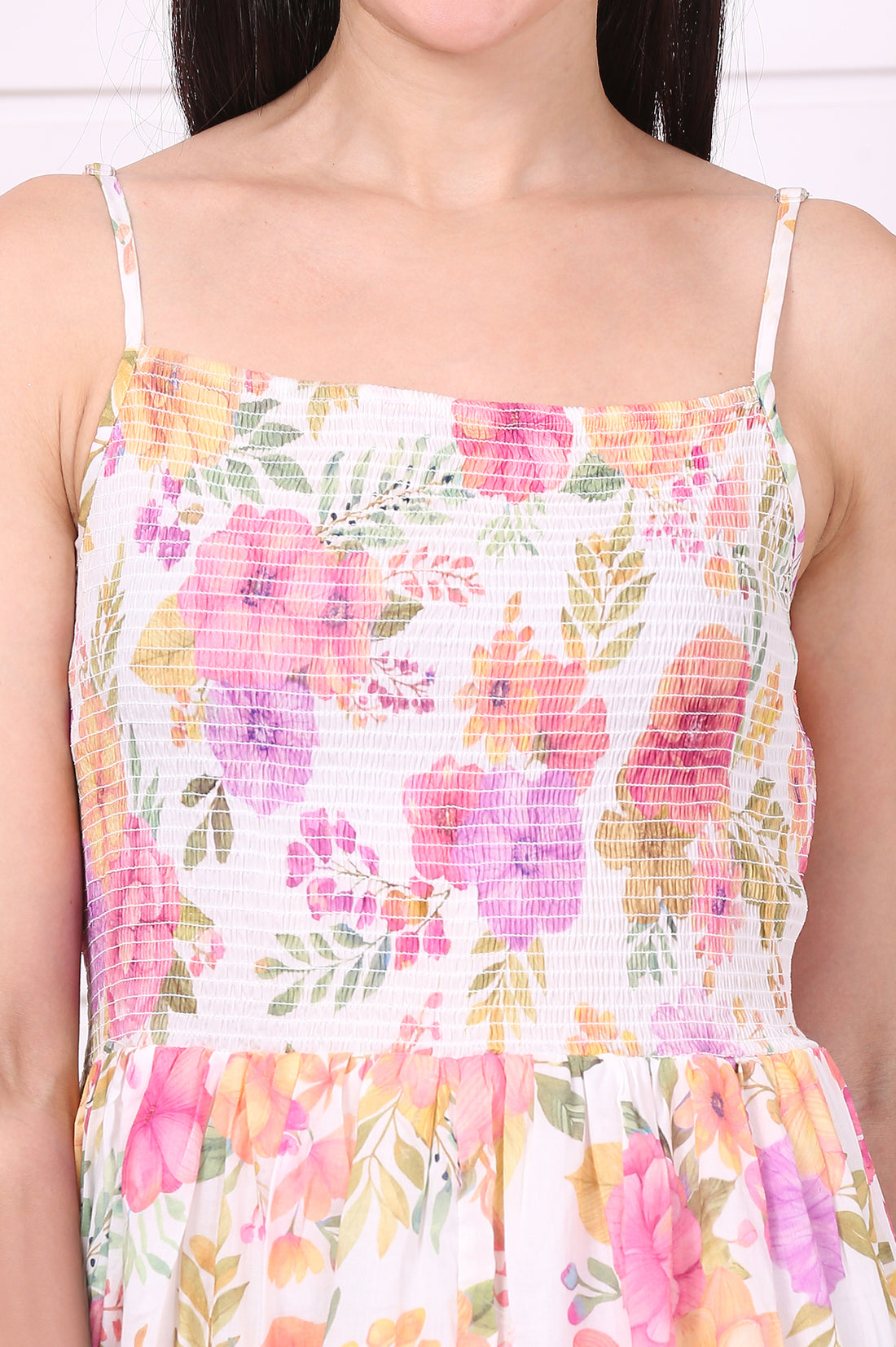 White Floral Printed Straight Cotton Mulmul Dress