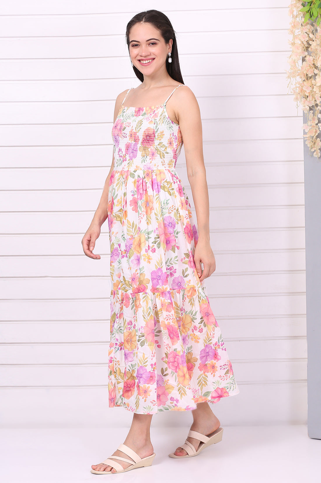 White Floral Printed Straight Cotton Mulmul Dress