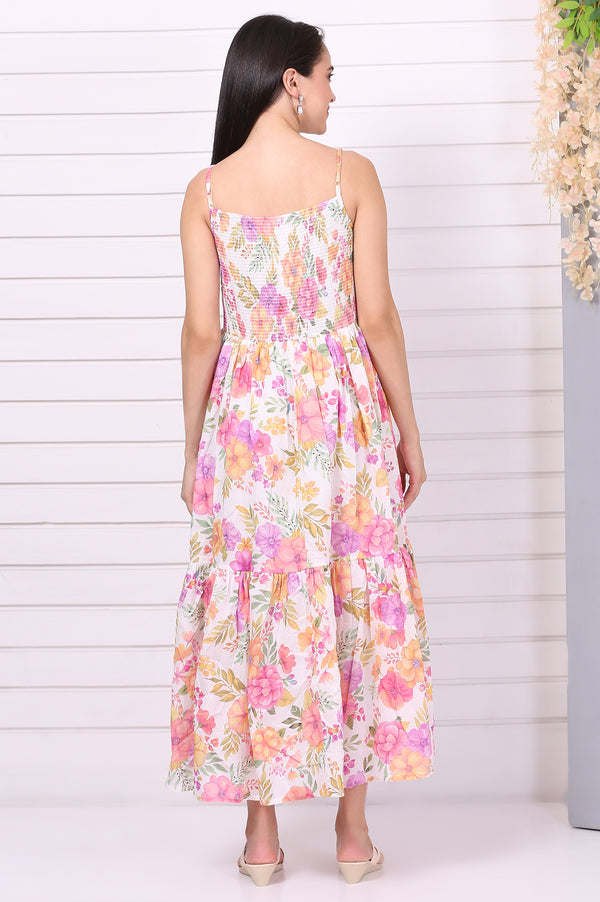 White Floral Printed Straight Cotton Mulmul Dress