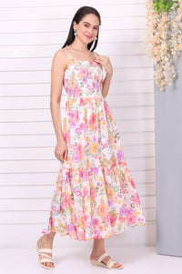White Floral Printed Straight Cotton Mulmul Dress