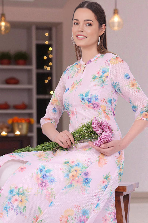 Pink Printed A-Line Kota Kurta