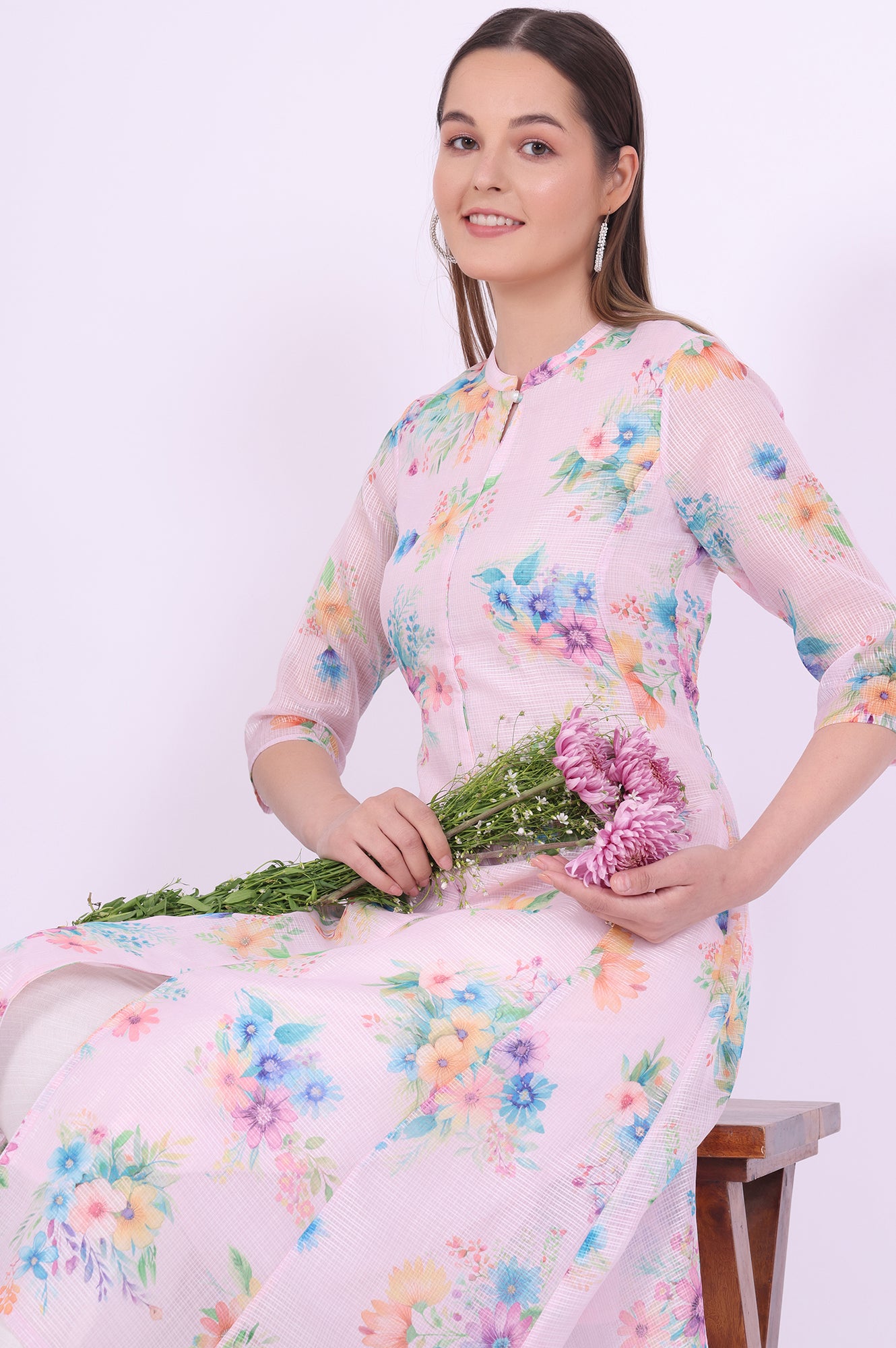 Pink Printed A-Line Kota Kurta