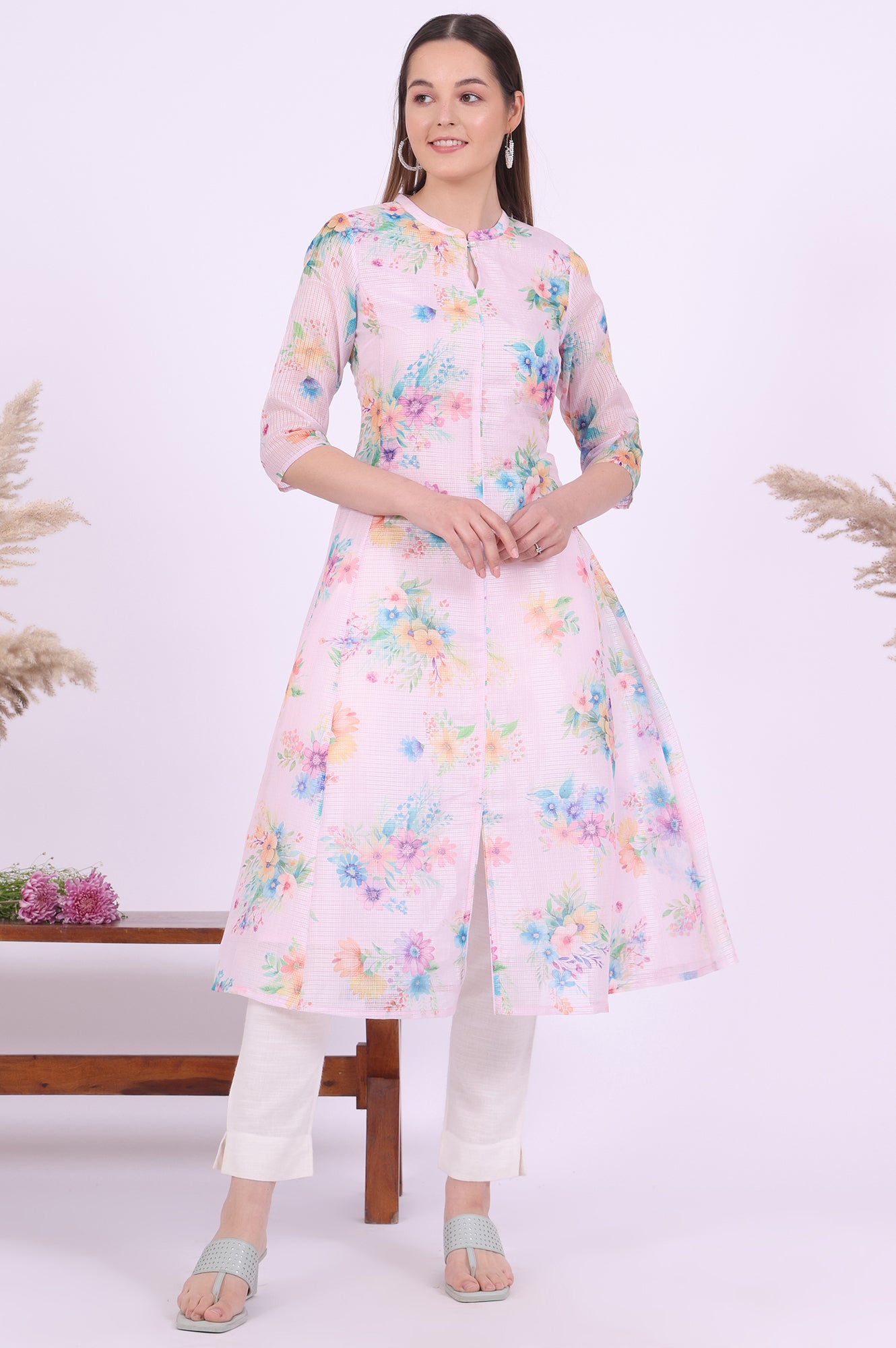 Pink Printed A-Line Kota Kurta