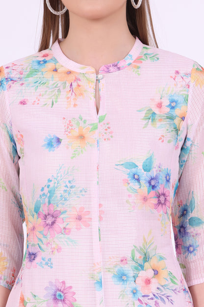 Pink Printed A-Line Kota Kurta