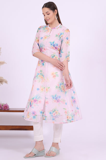 Pink Printed A-Line Kota Kurta