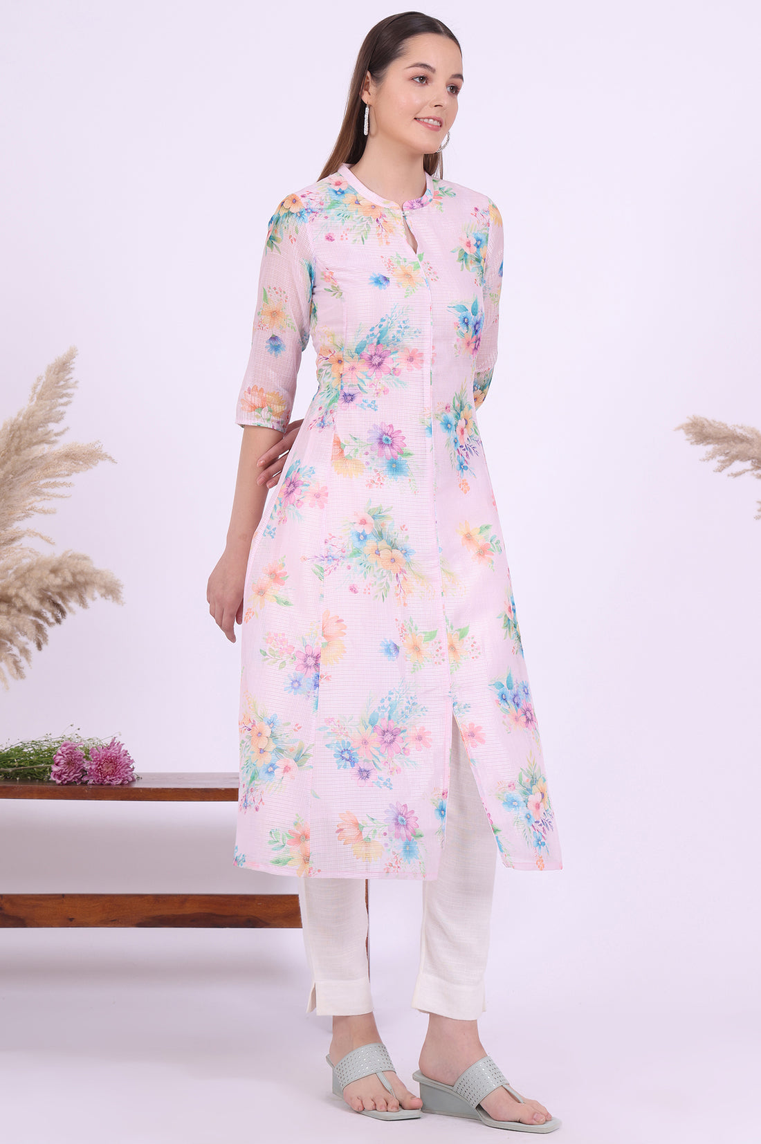 Pink Printed A-Line Kota Kurta