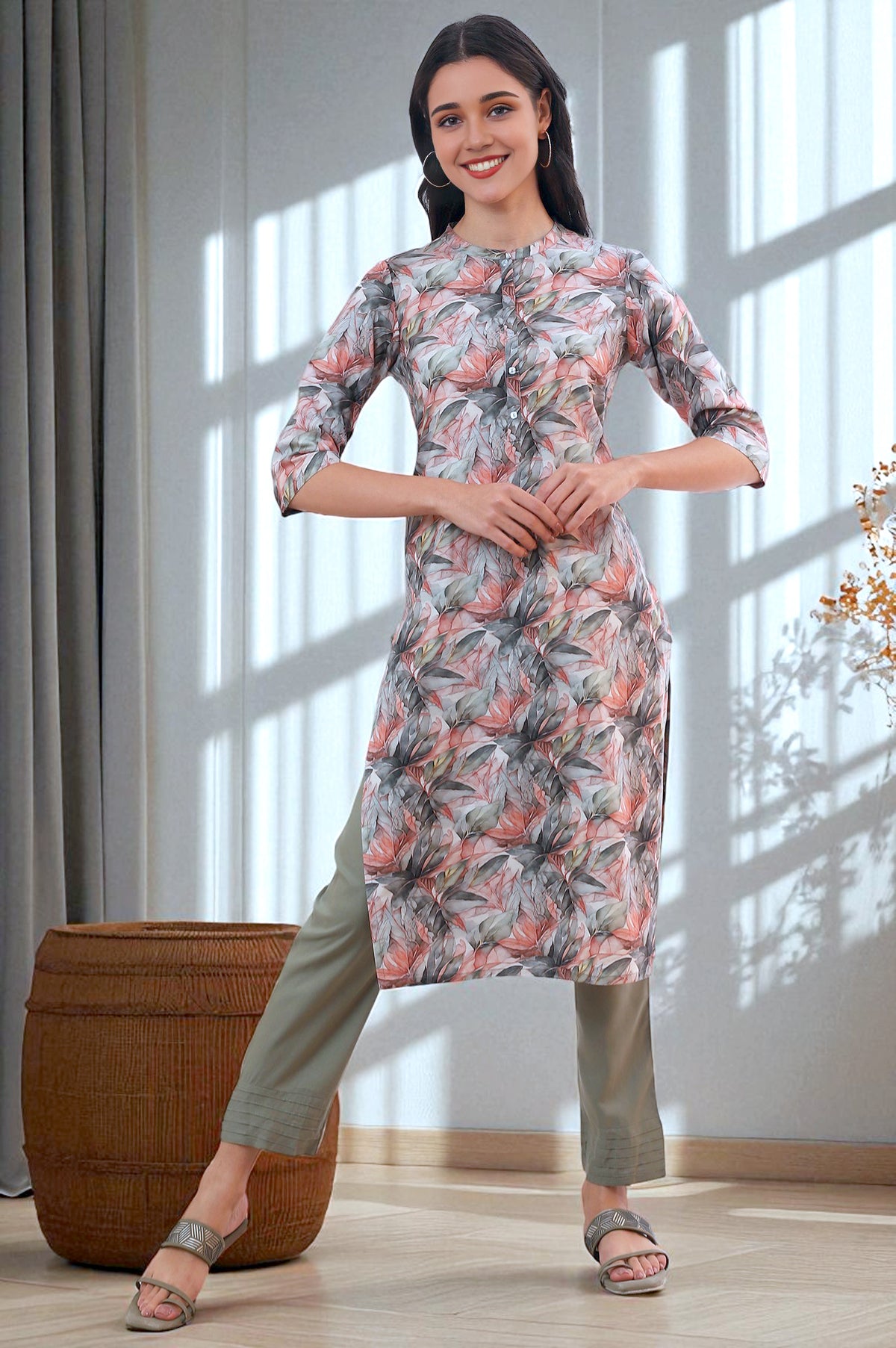 Green Printed Straight Pure Cotton Kurta - S
