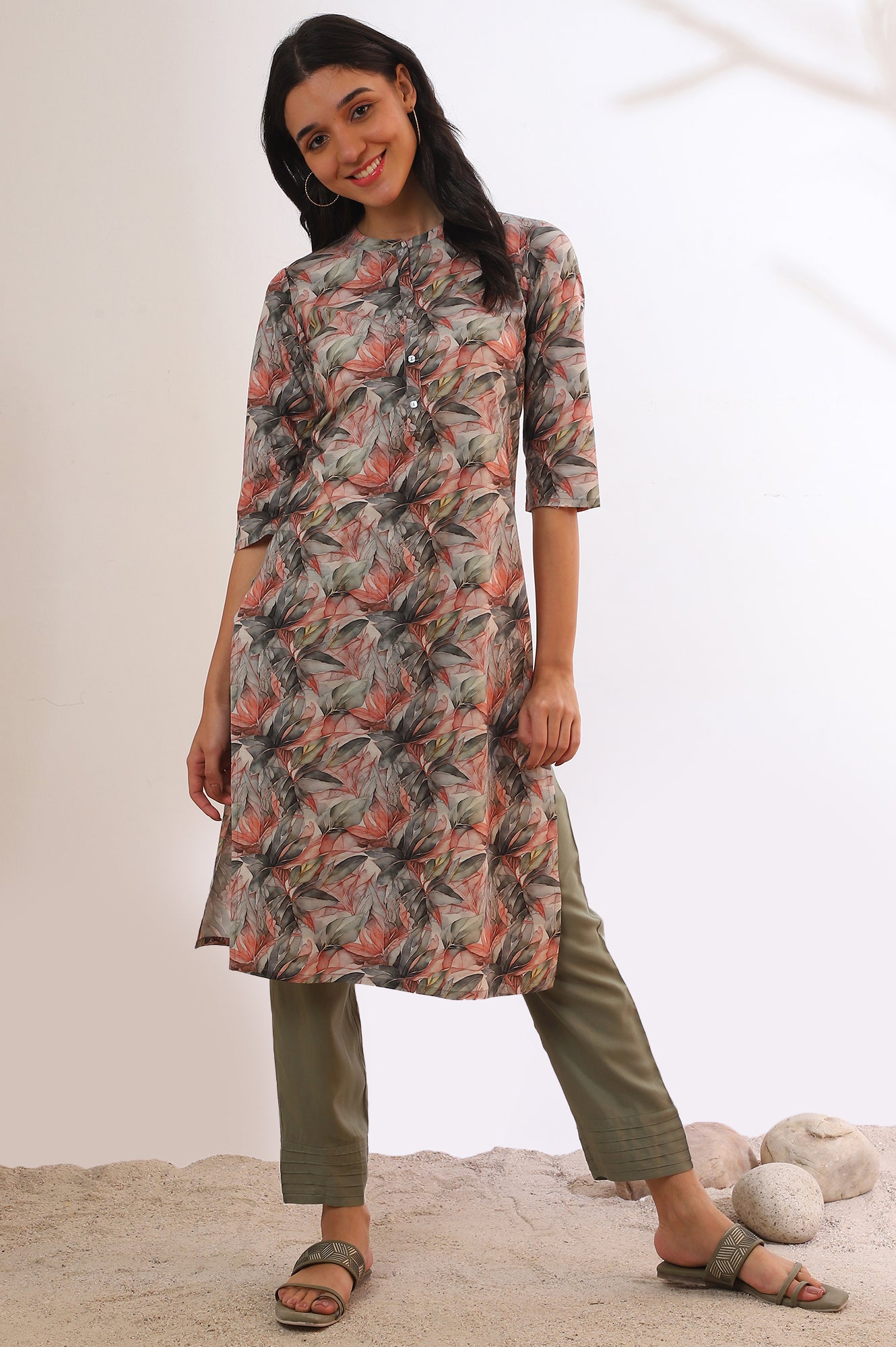 Green Printed Straight Pure Cotton Kurta