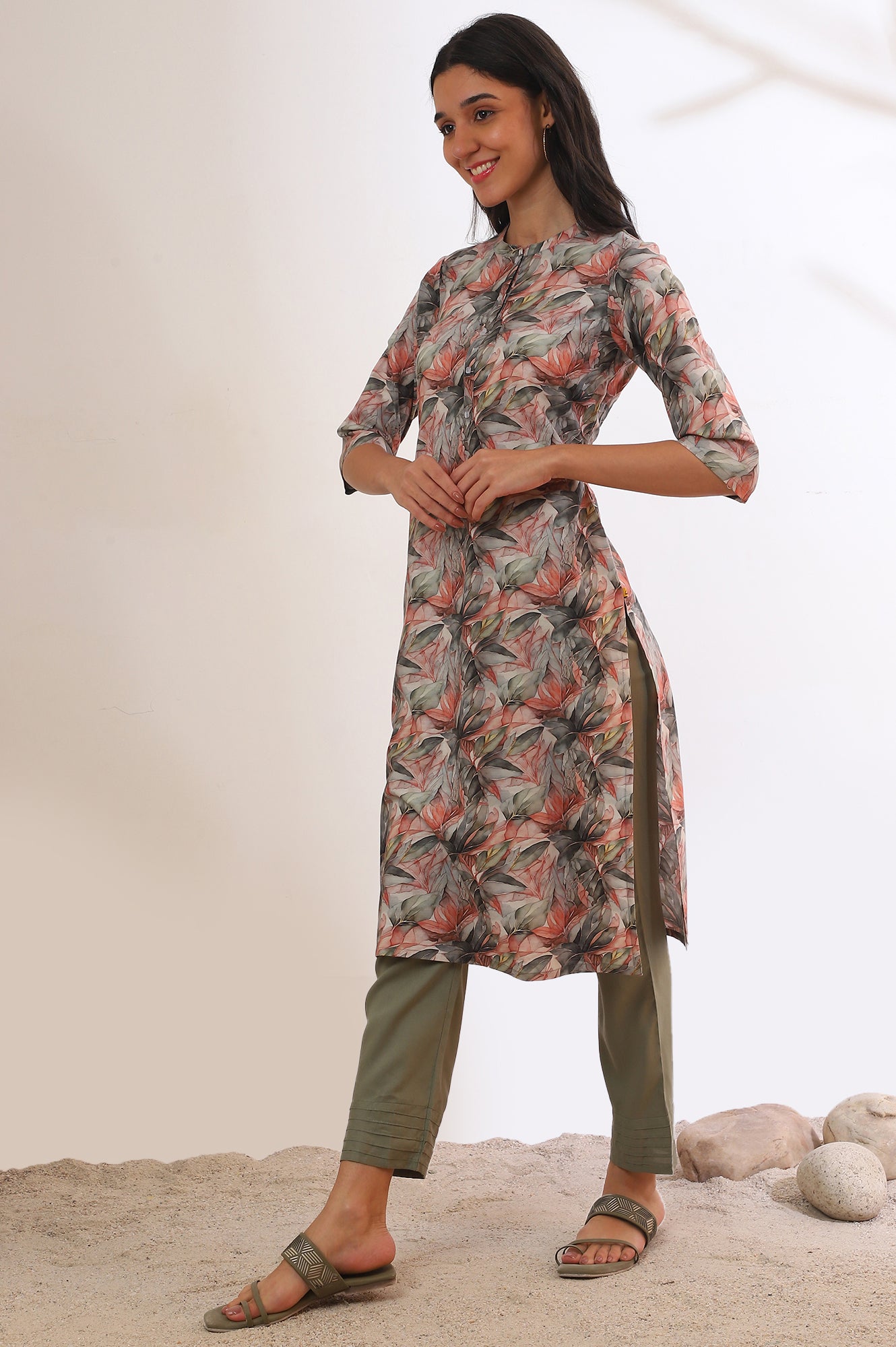 Green Printed Straight Pure Cotton Kurta