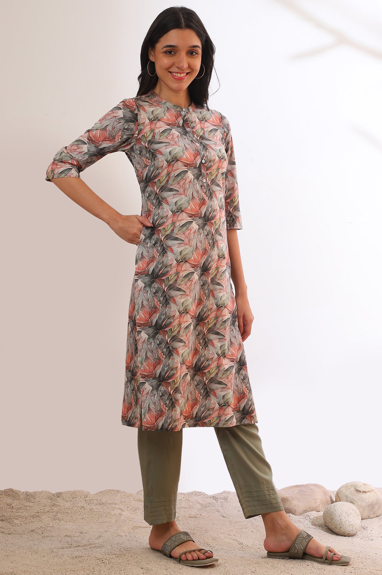 Green Printed Straight Pure Cotton Kurta