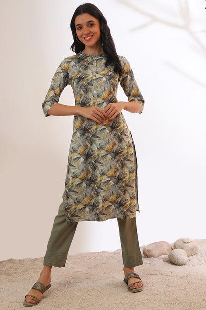 Grey Printed Straight Pure Cotton Kurta