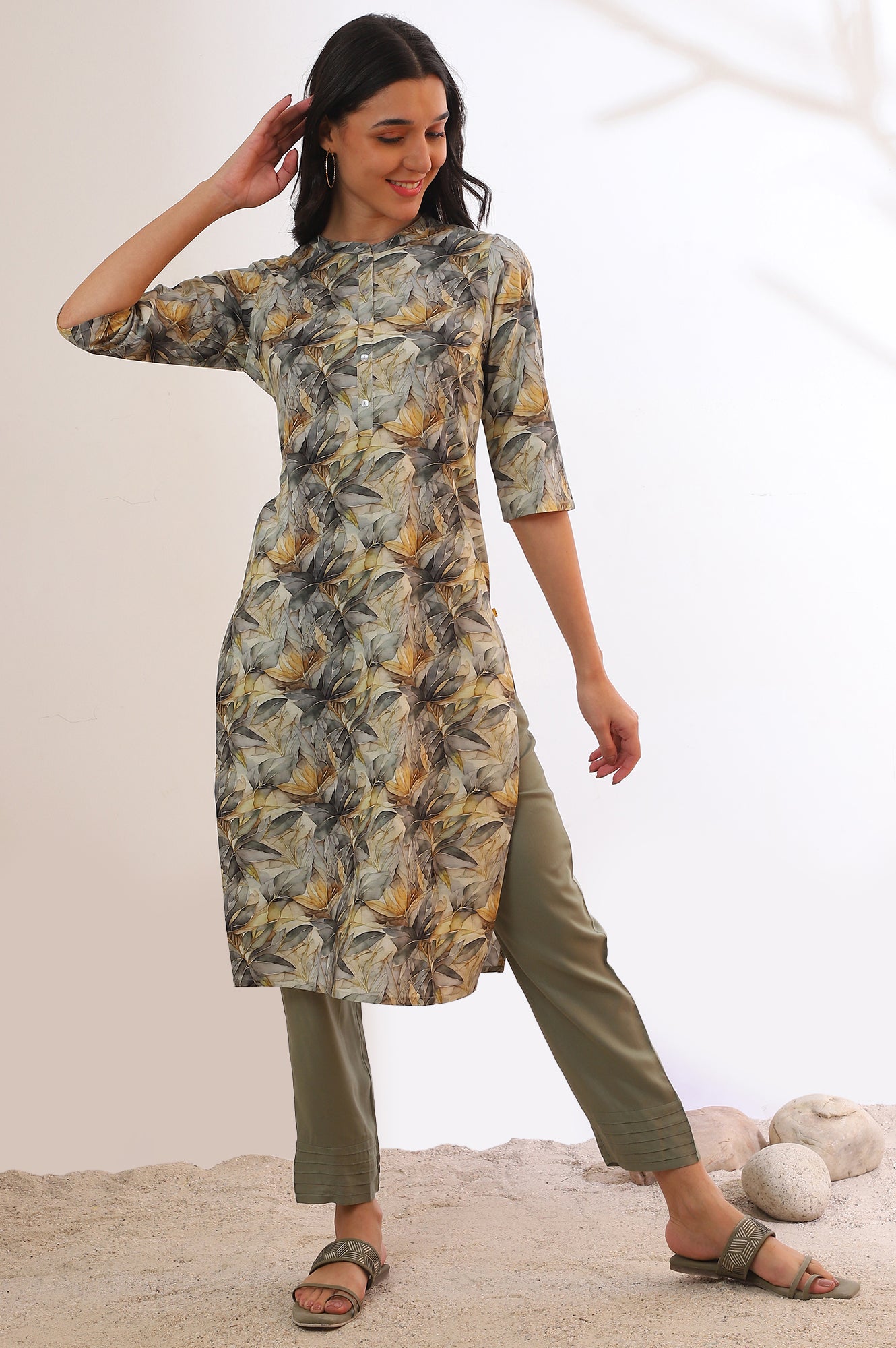 Grey Printed Straight Pure Cotton Kurta