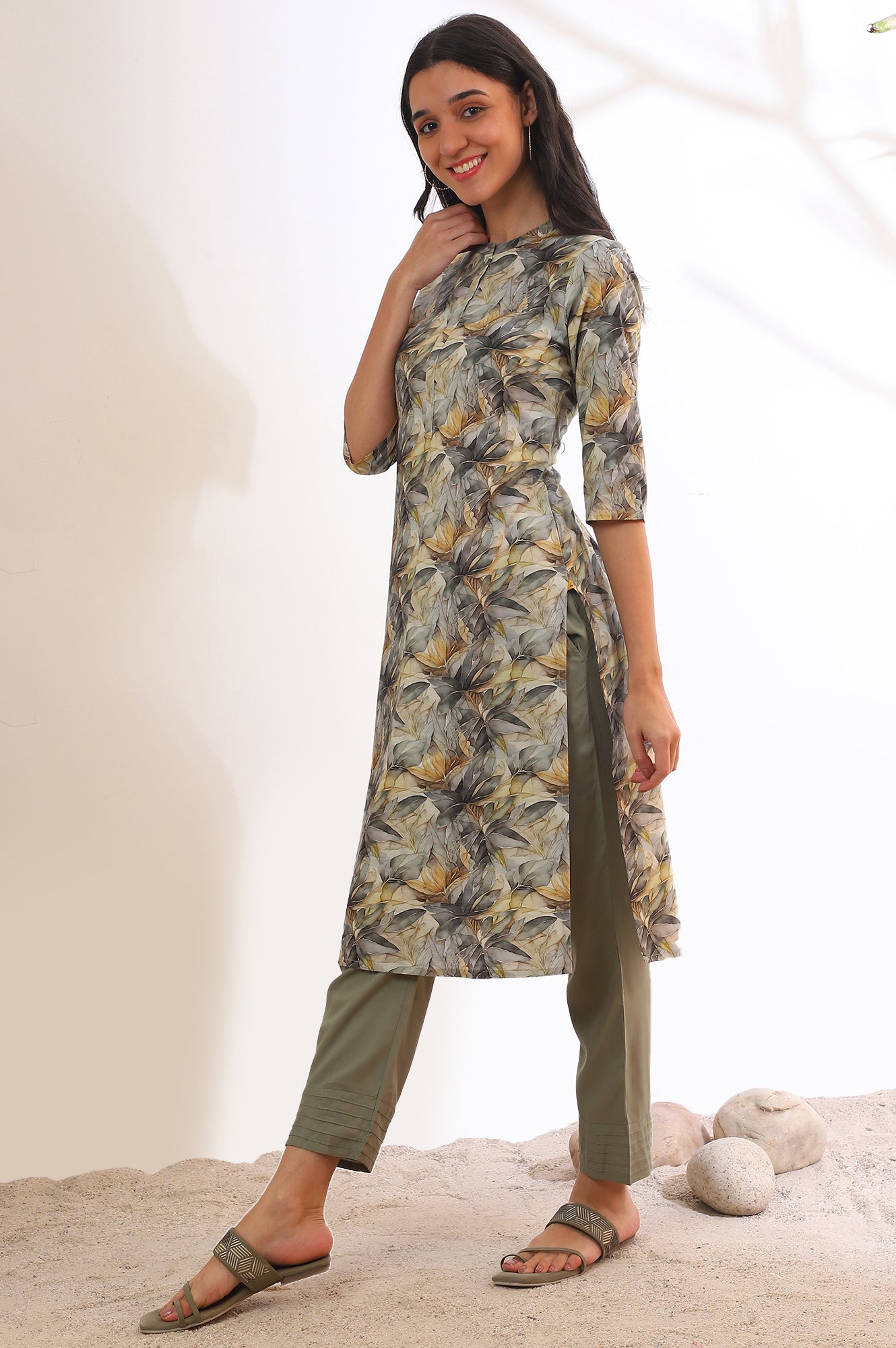 Grey Printed Straight Pure Cotton Kurta