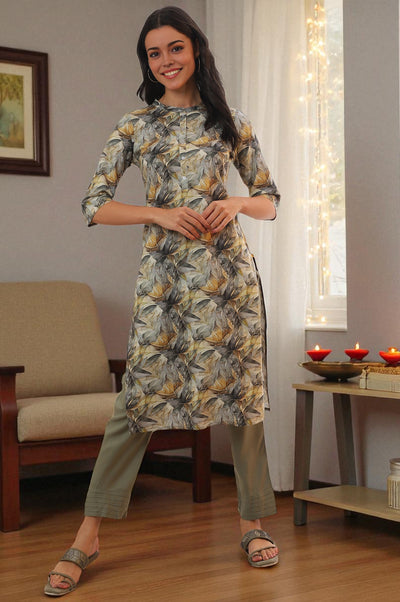 Grey Printed Straight Pure Cotton Kurta
