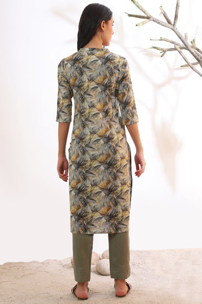 Grey Printed Straight Pure Cotton Kurta