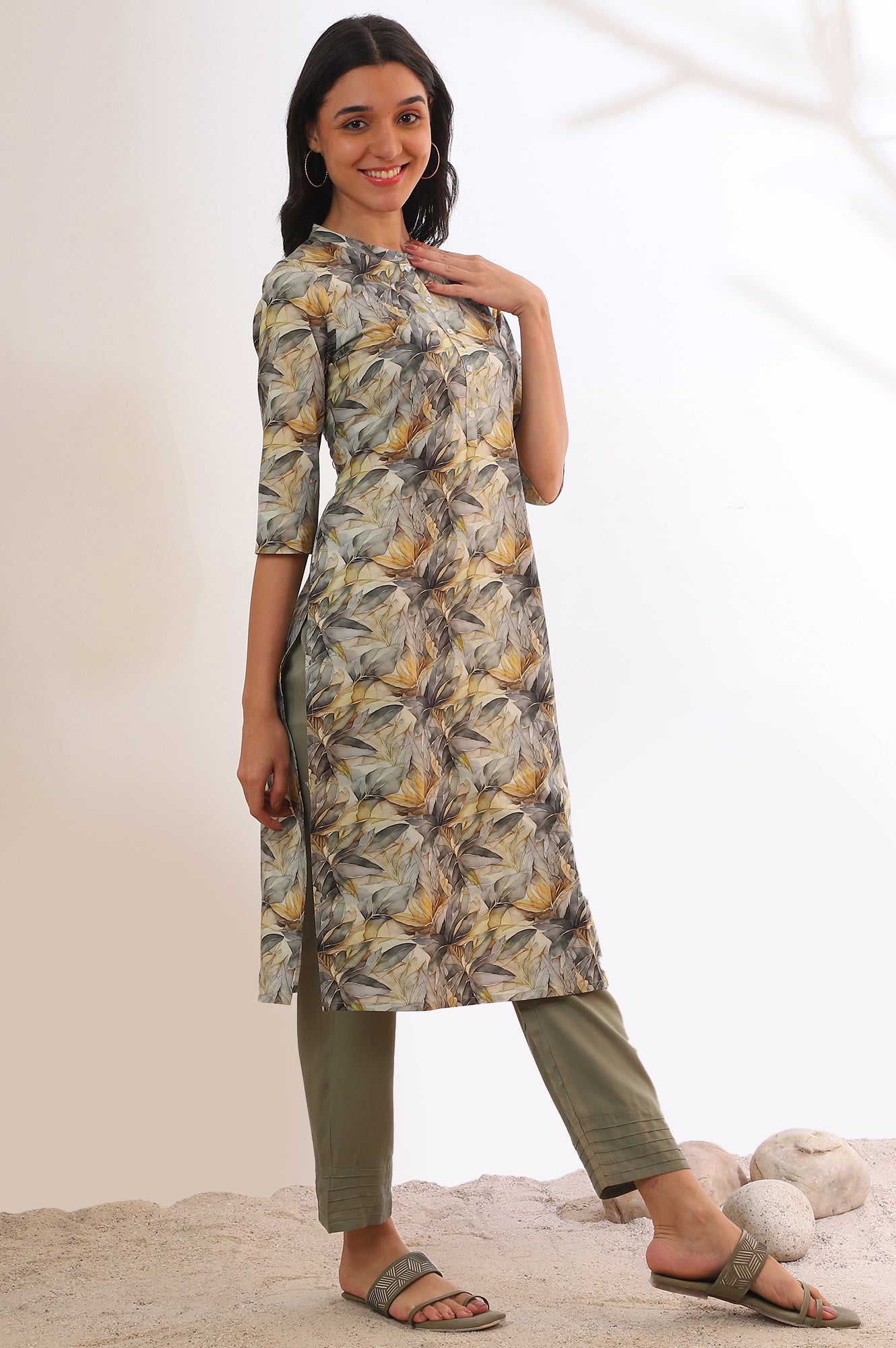 Grey Printed Straight Pure Cotton Kurta