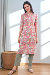 Pink Floral Printed Modal Straight Kurta