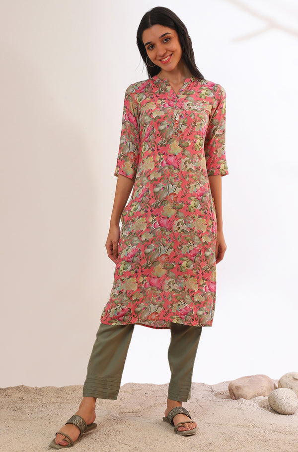 Pink Floral Printed Modal Straight Kurta