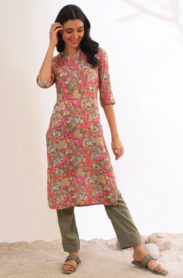 Pink Floral Printed Modal Straight Kurta