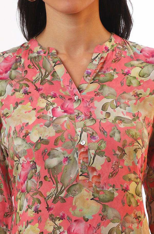 Pink Floral Printed Modal Straight Kurta