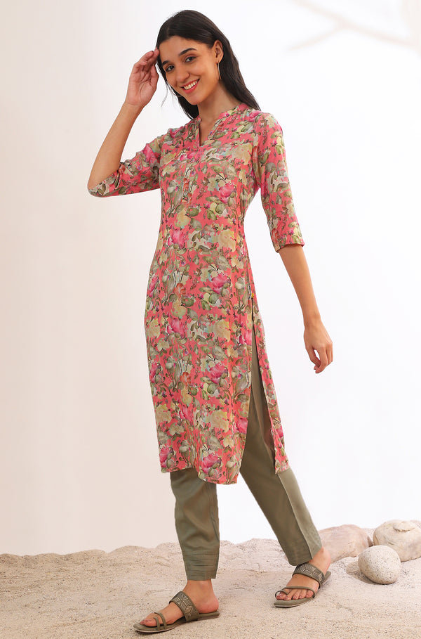 Pink Floral Printed Modal Straight Kurta