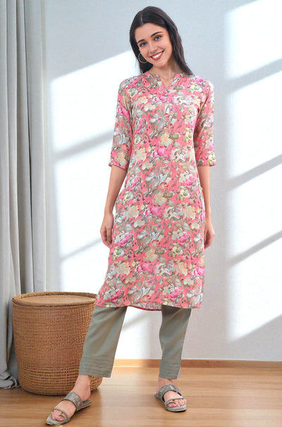 Pink Floral Printed Modal Straight Kurta