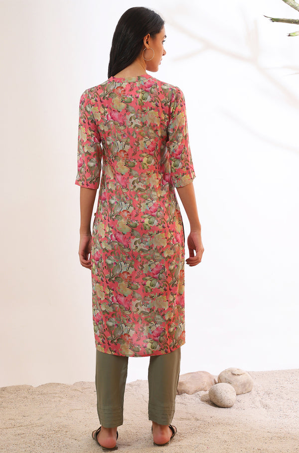 Pink Floral Printed Modal Straight Kurta