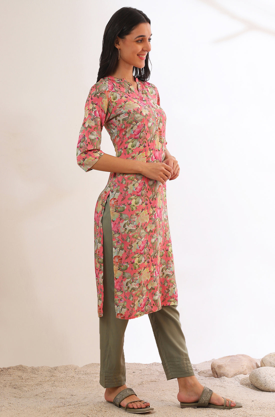 Pink Floral Printed Modal Straight Kurta
