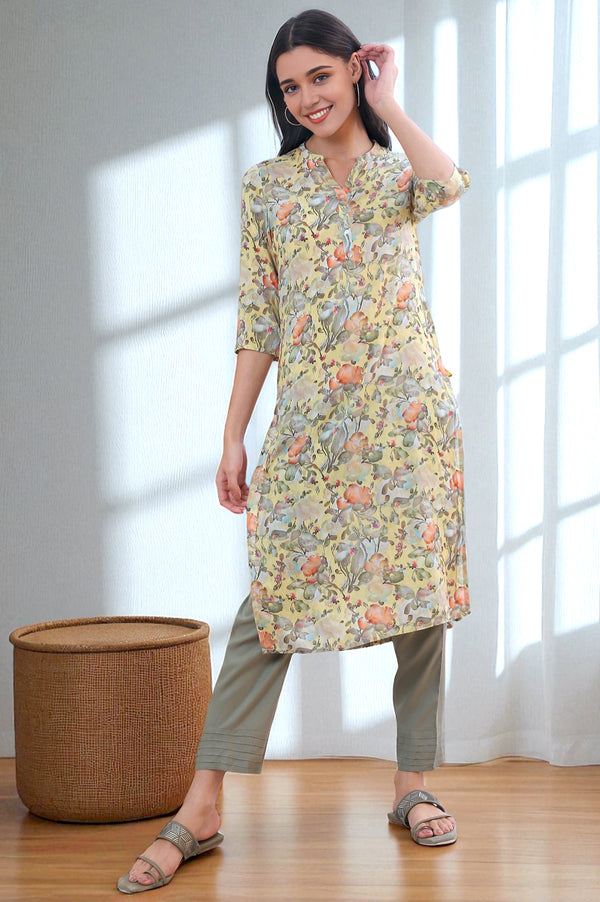 Yellow Printed Straight Kurta
