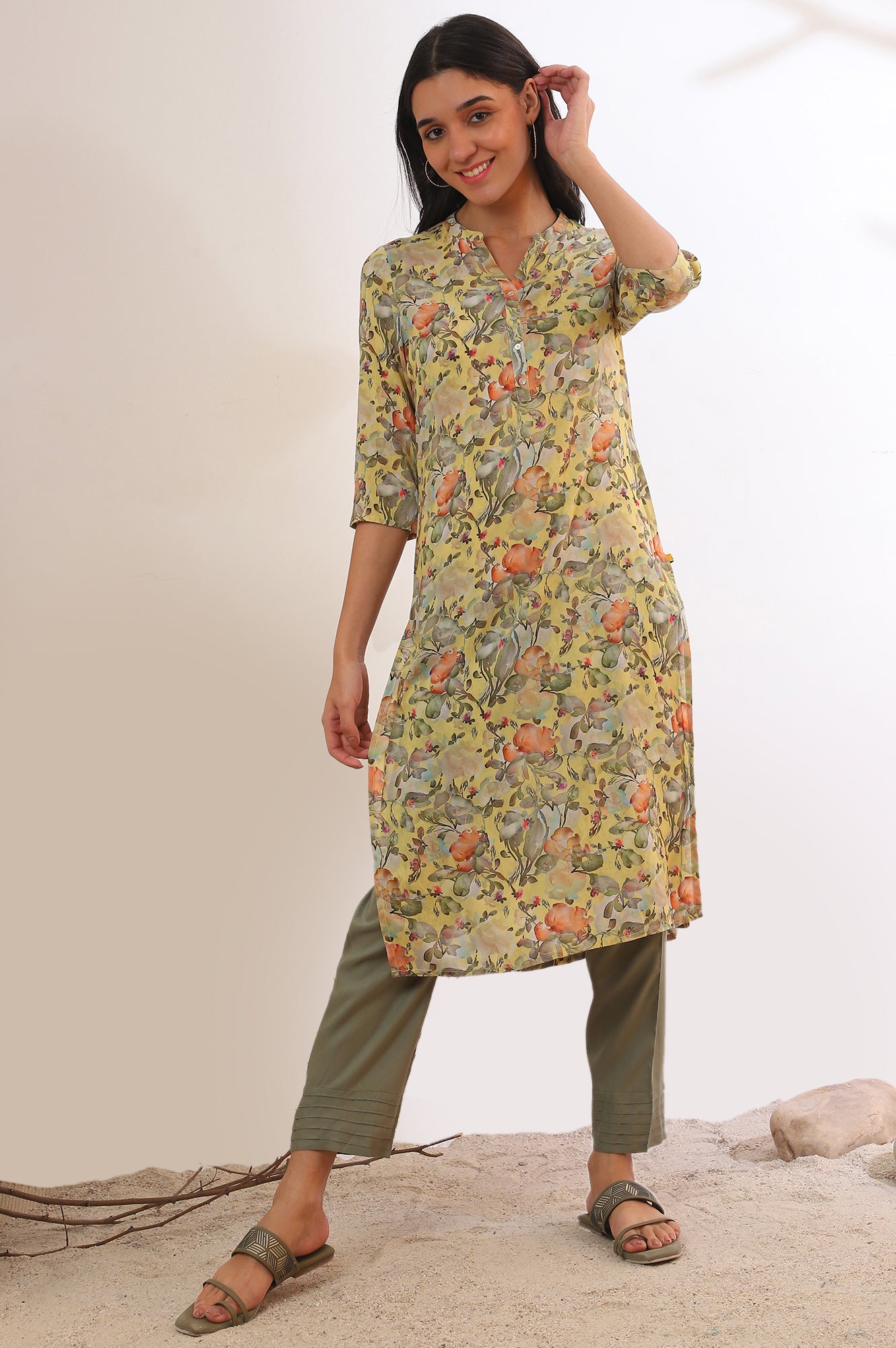 Yellow Printed Straight Kurta