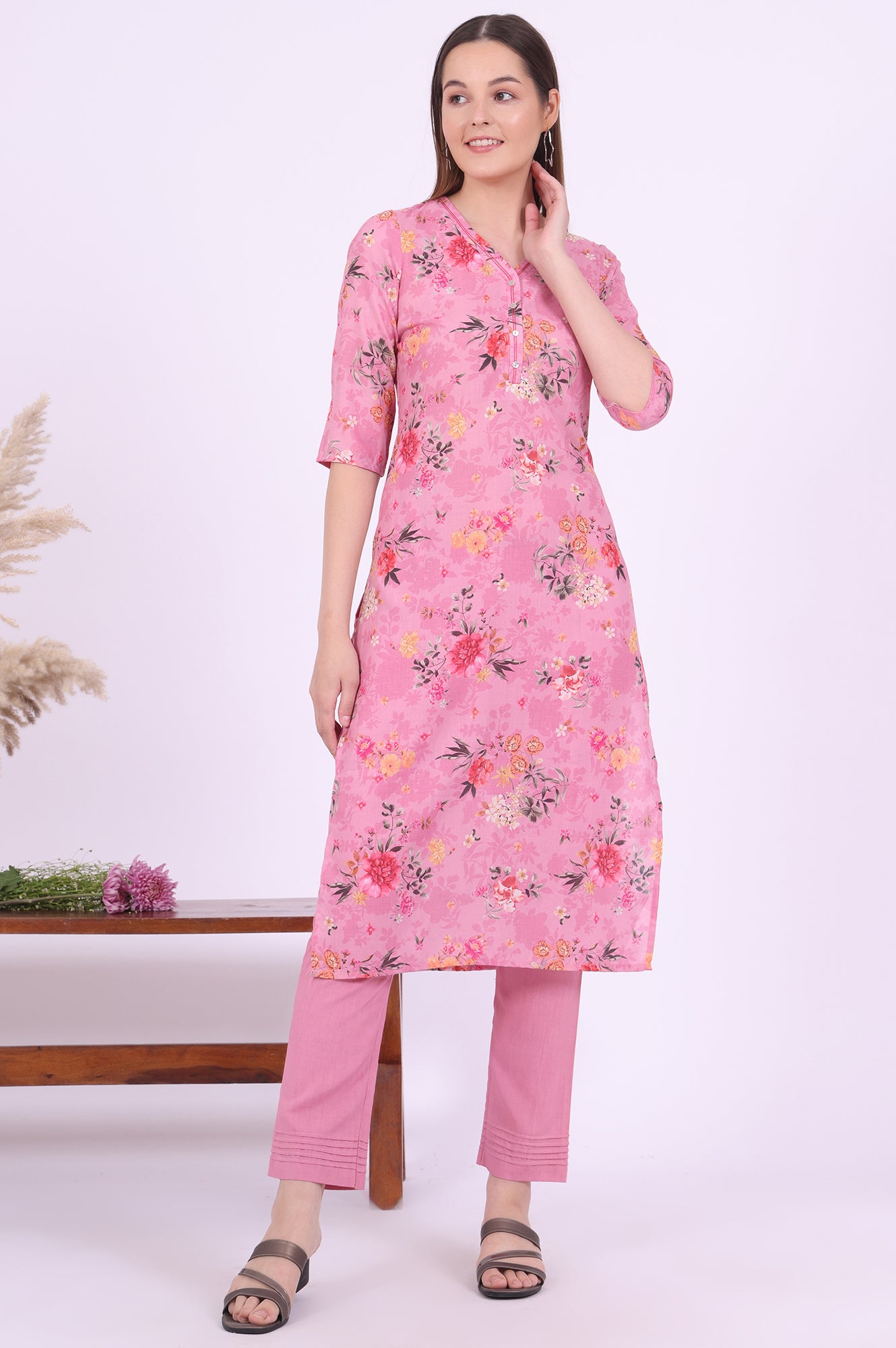 Pink Printed Straight Kurta