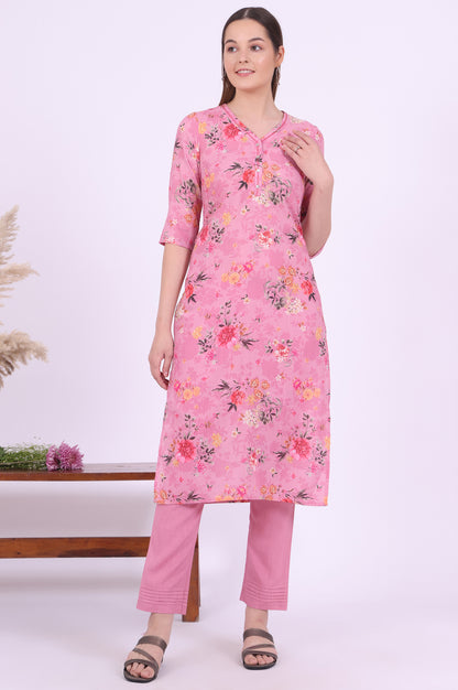 Pink Printed Straight Kurta